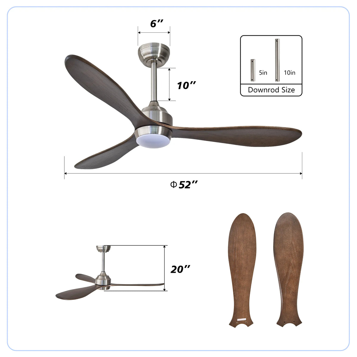 52 Inch 3-Blade Nickel Wood Ceiling Fan with LED Light and Remote