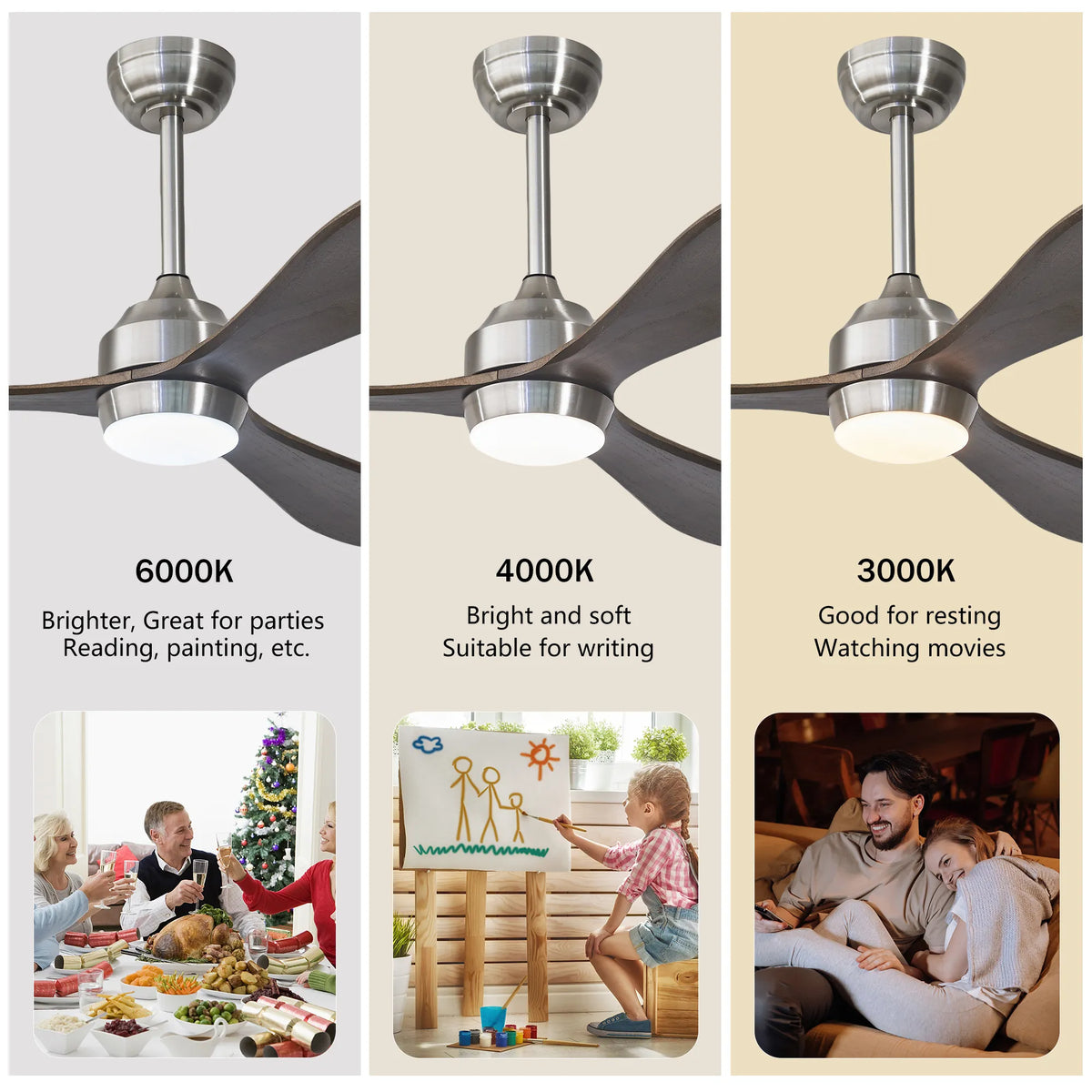 52 Inch 3-Blade Nickel Wood Ceiling Fan with LED Light and Remote