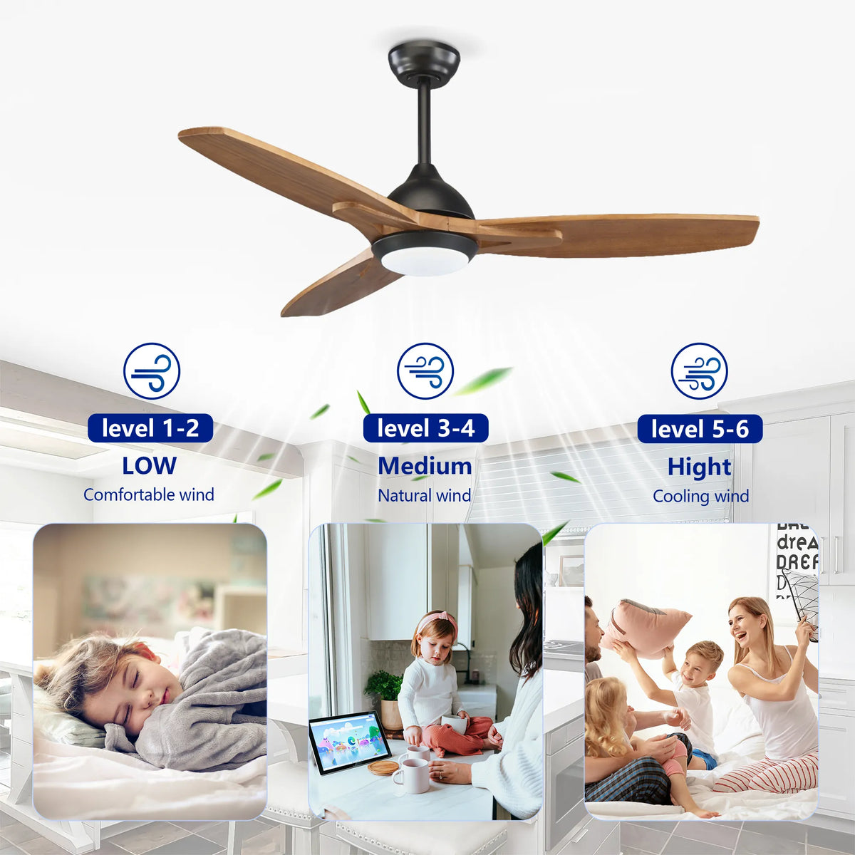 52 Inch 3-Blade Wood Ceiling Fan with LED Light and Remote