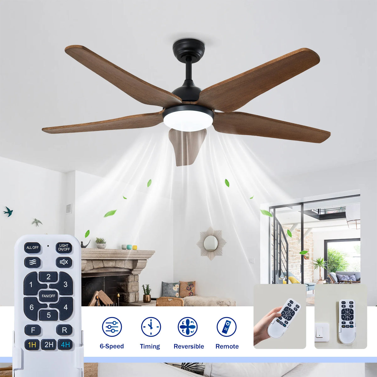52 Inch 5-Blade Wood Ceiling Fan with LED Light and Remote