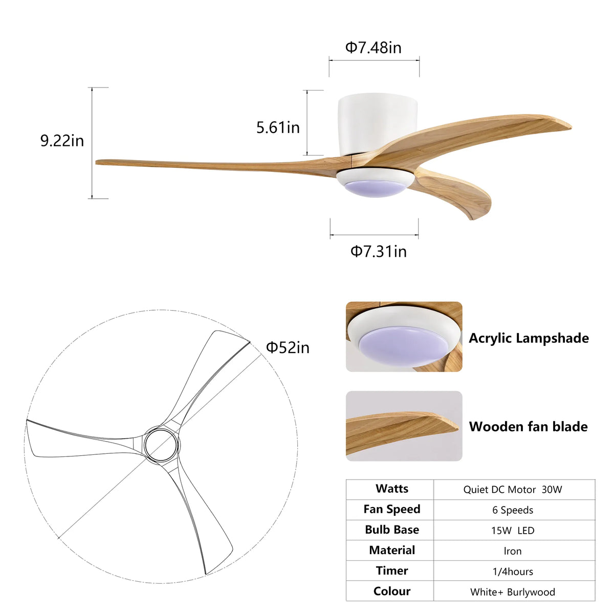 52 Inch Flush Mount Wood Ceiling Fan with LED Light and Remote