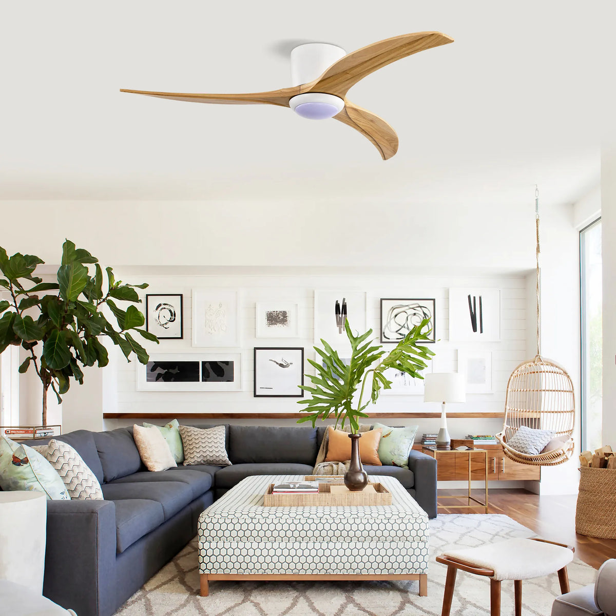 52 Inch Flush Mount Wood Ceiling Fan with LED Light and Remote