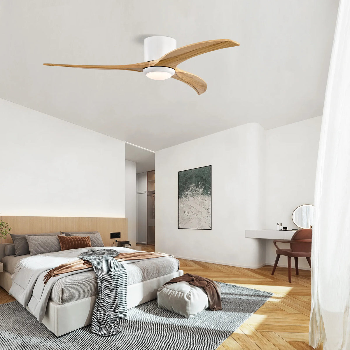 52 Inch Flush Mount Wood Ceiling Fan with LED Light and Remote