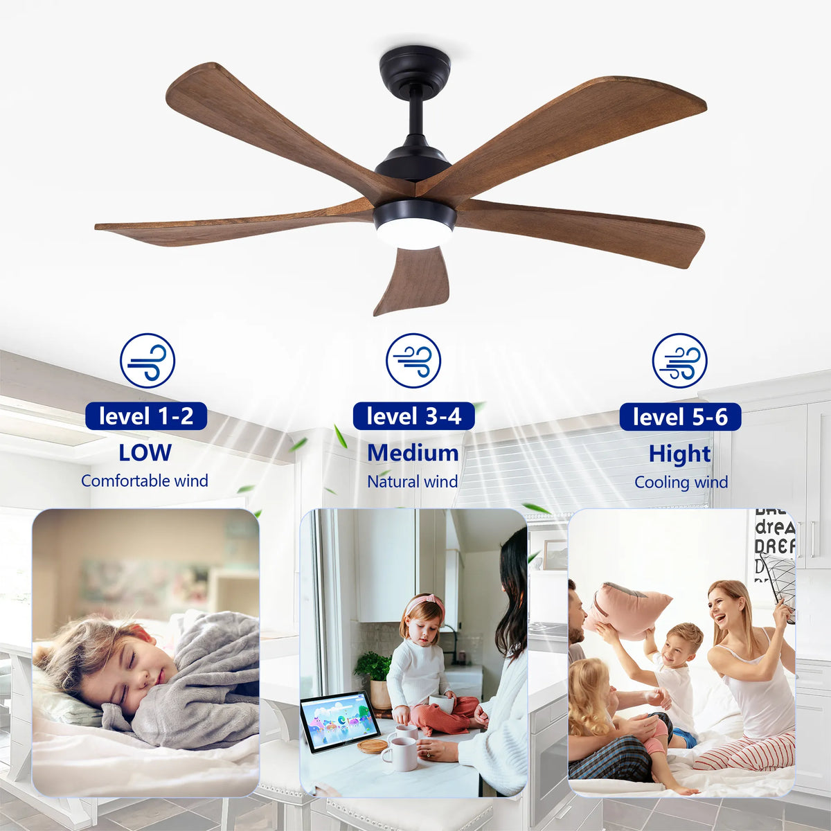 52 Inch Wood Ceiling Fan with LED Light and Remote
