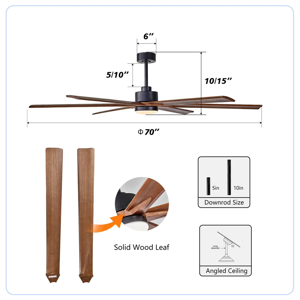 70 Inch 6-Blade Wood Ceiling Fan with LED Light and Remote