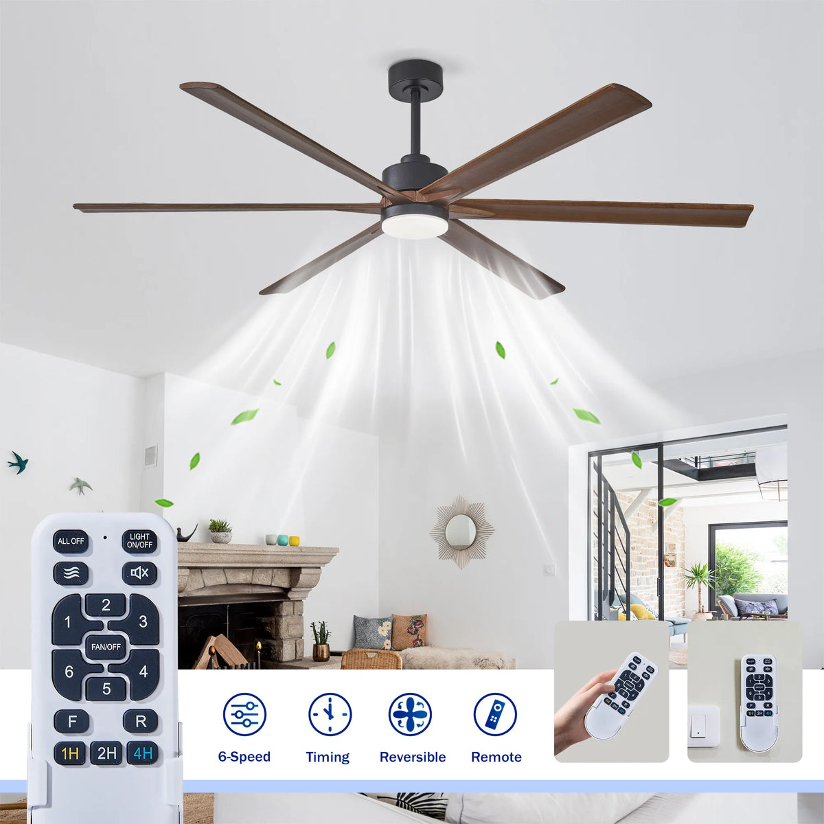 70 Inch 6-Blade Wood Ceiling Fan with LED Light and Remote