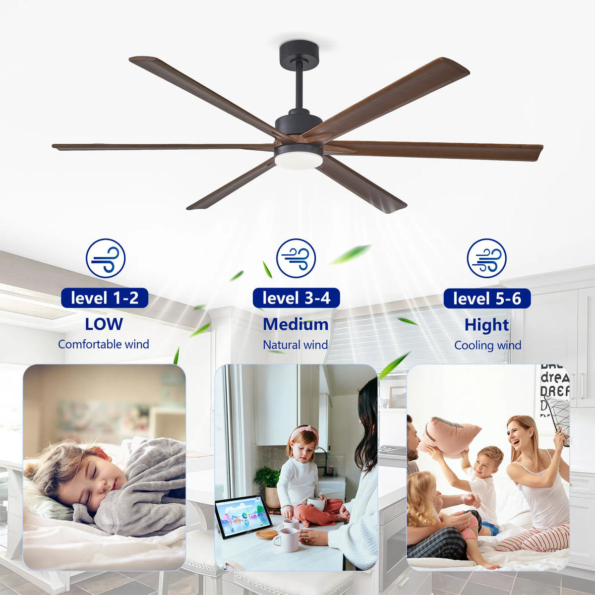 70 Inch 6-Blade Wood Ceiling Fan with LED Light and Remote
