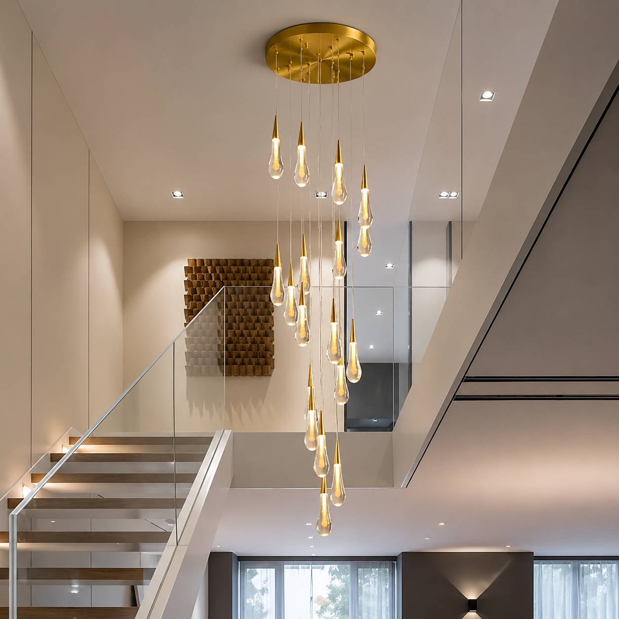 Aurelios Luxury Glass Staircase Chandelier – Modern Gold LED Foyer Pendant Light