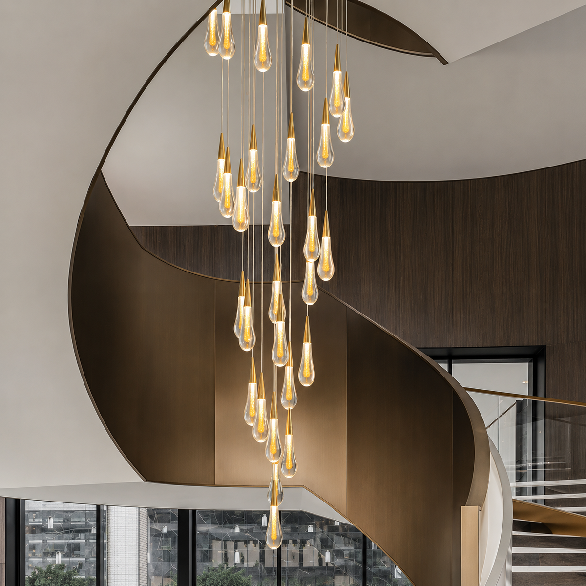 Aurelios Luxury Glass Staircase Chandelier – Modern Gold LED Foyer Pendant Light