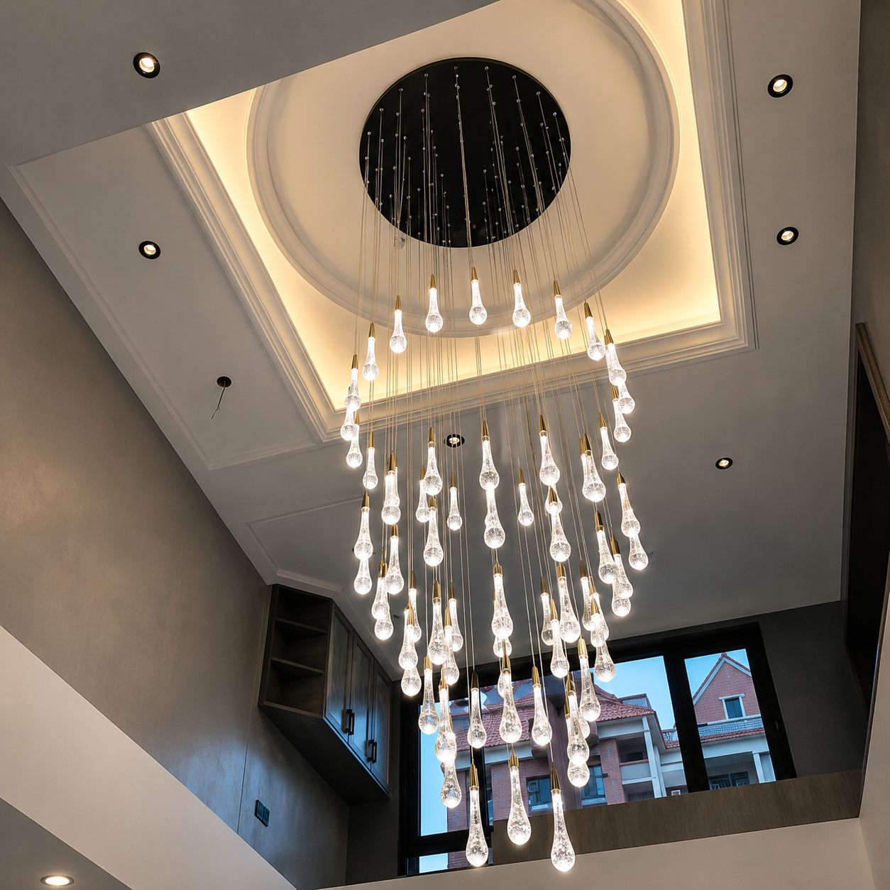 Aurelios Luxury Glass Staircase Chandelier – Modern Gold LED Foyer Pendant Light