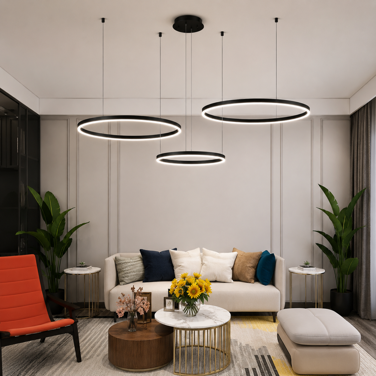 Aurora Modern 3-Ring LED Chandelier – Dimmable Luxury Pendant Light