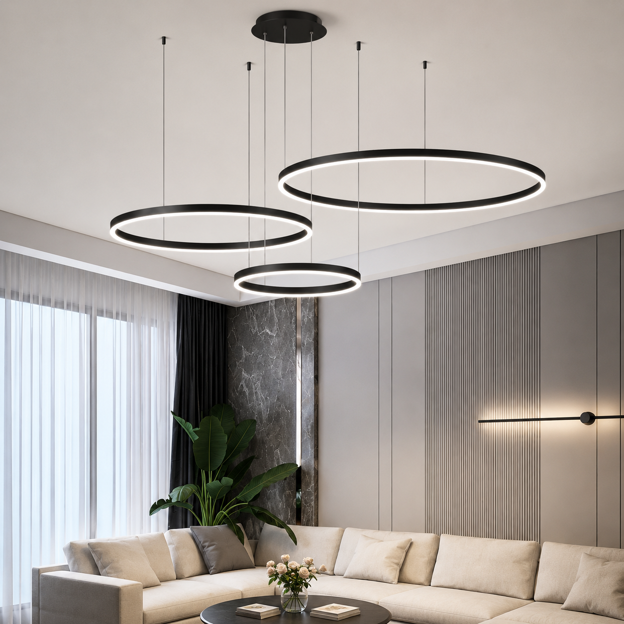 Aurora Modern 3-Ring LED Chandelier – Dimmable Luxury Pendant Light