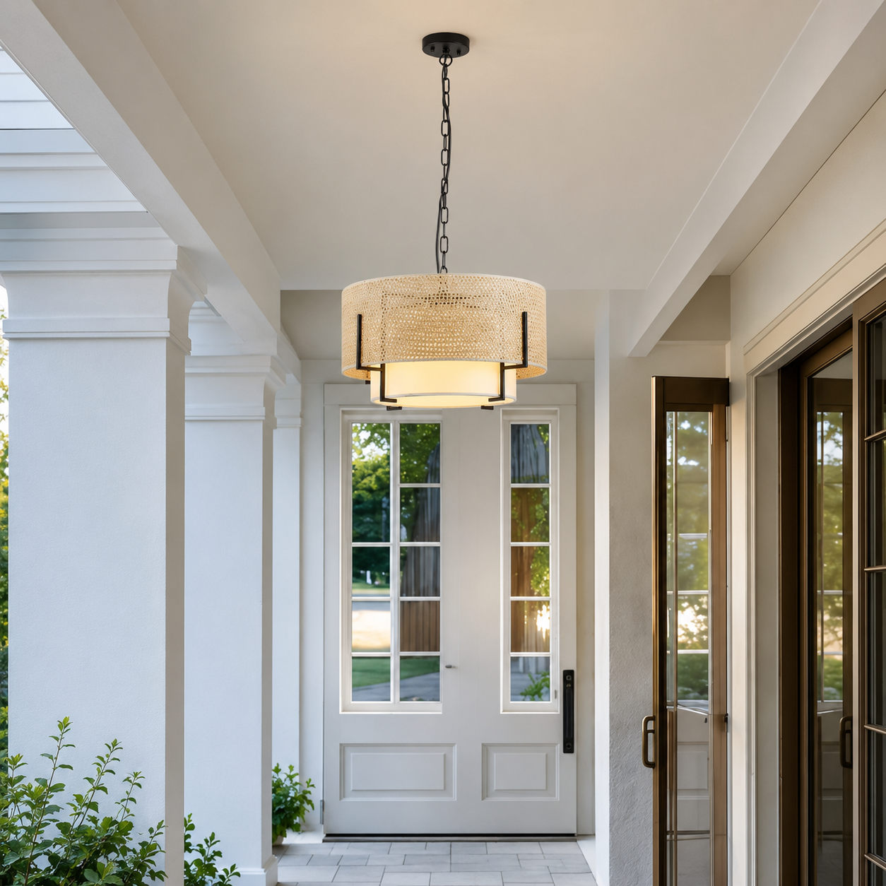 Avelora Rattan Drum Chandelier with Fabric Shade