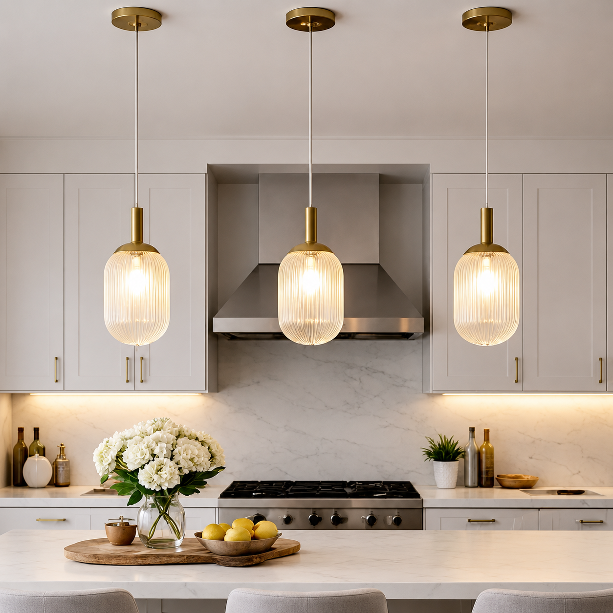 Bronzelle Ribbed Glass Pendant Light Modern Bronze Kitchen Island Light