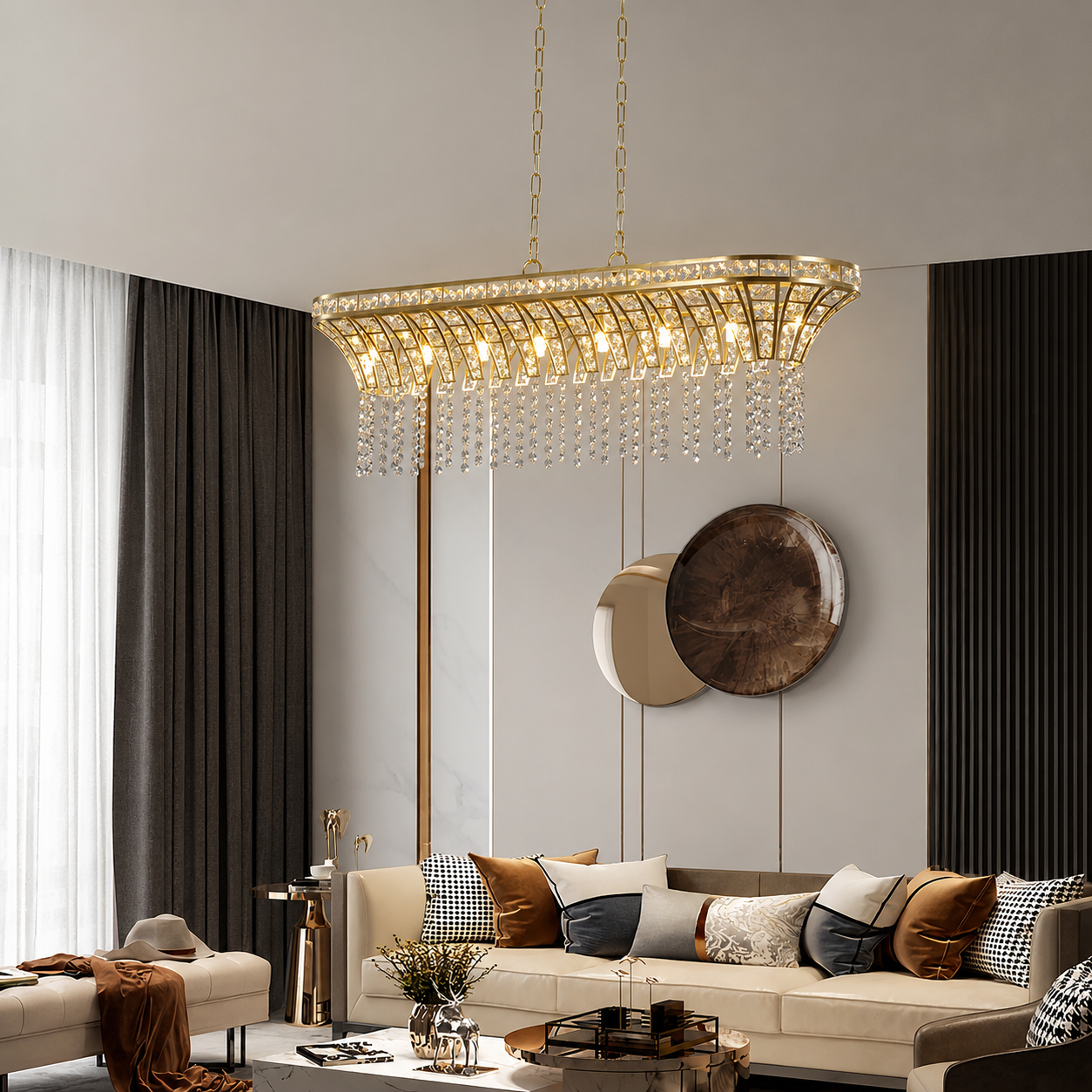 Crestelle Curved Linear Crystal Chandelier Modern Gold Dining Room Light
