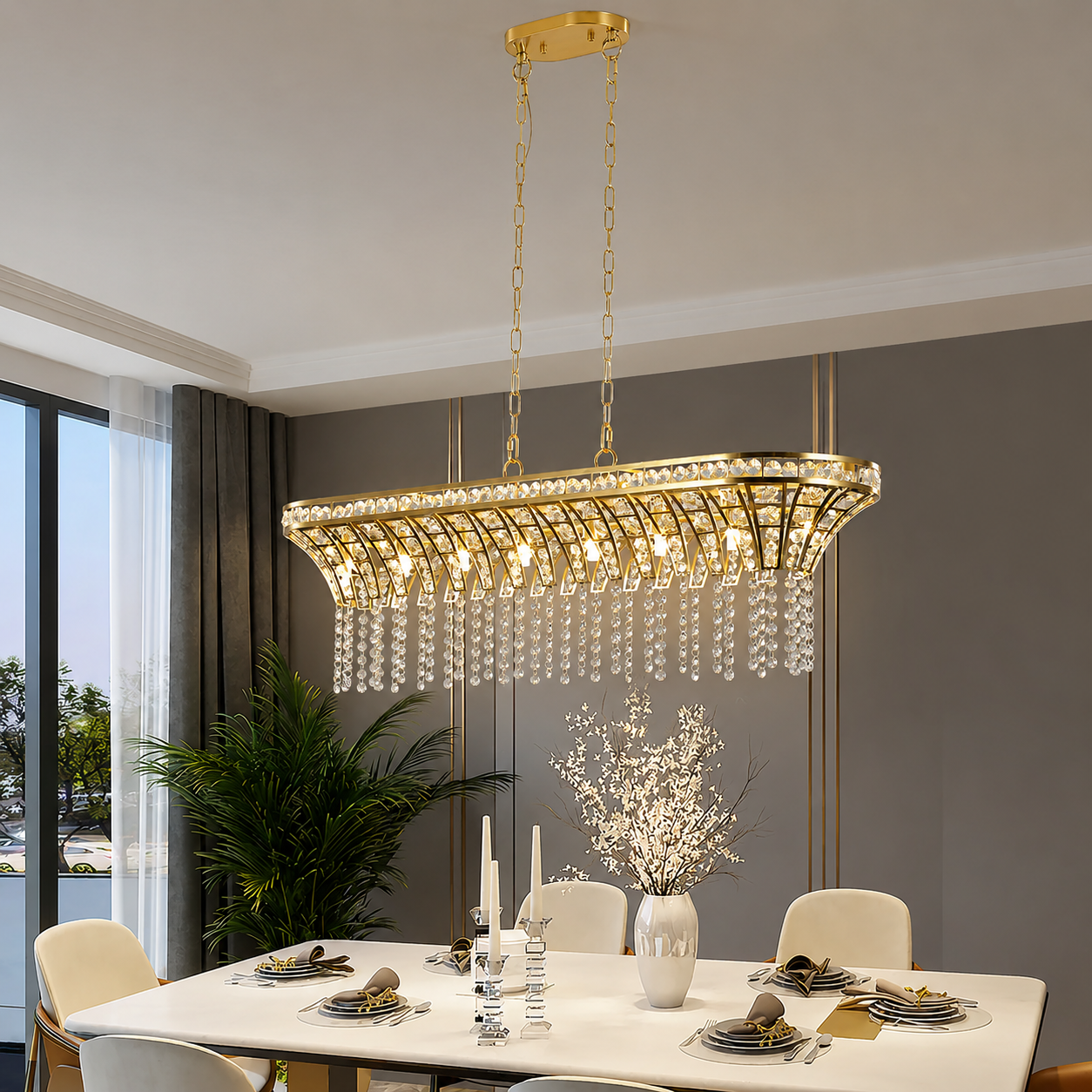 Crestelle Curved Linear Crystal Chandelier Modern Gold Dining Room Light