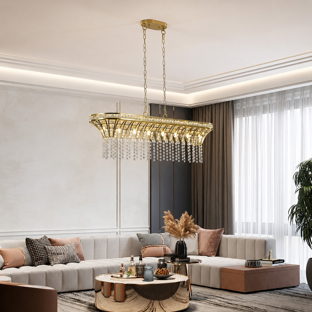 Crestelle Curved Linear Crystal Chandelier Modern Gold Dining Room Light