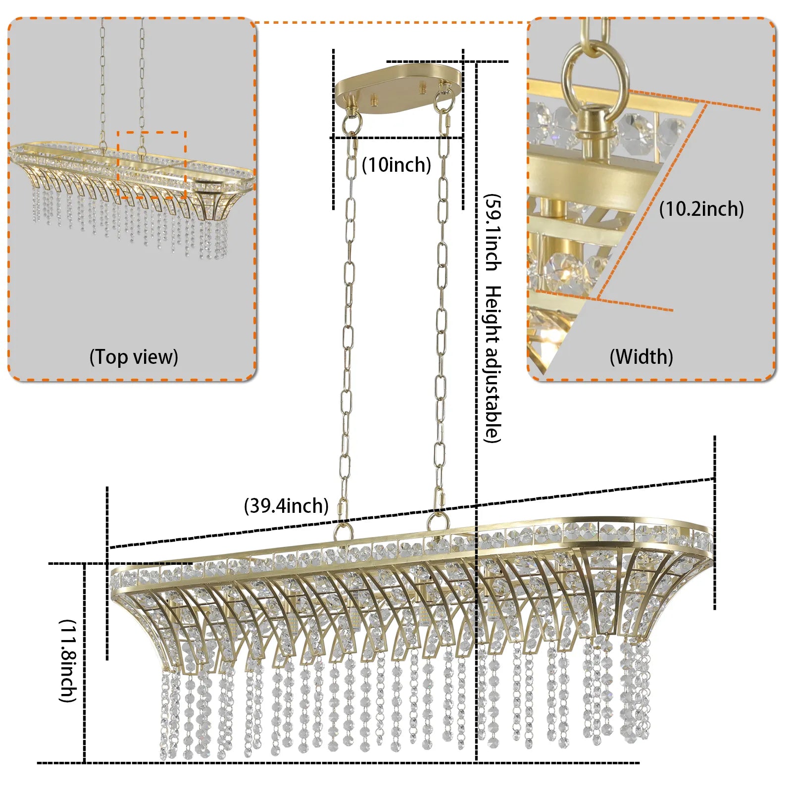 Crestelle Curved Linear Crystal Chandelier Modern Gold Dining Room Light