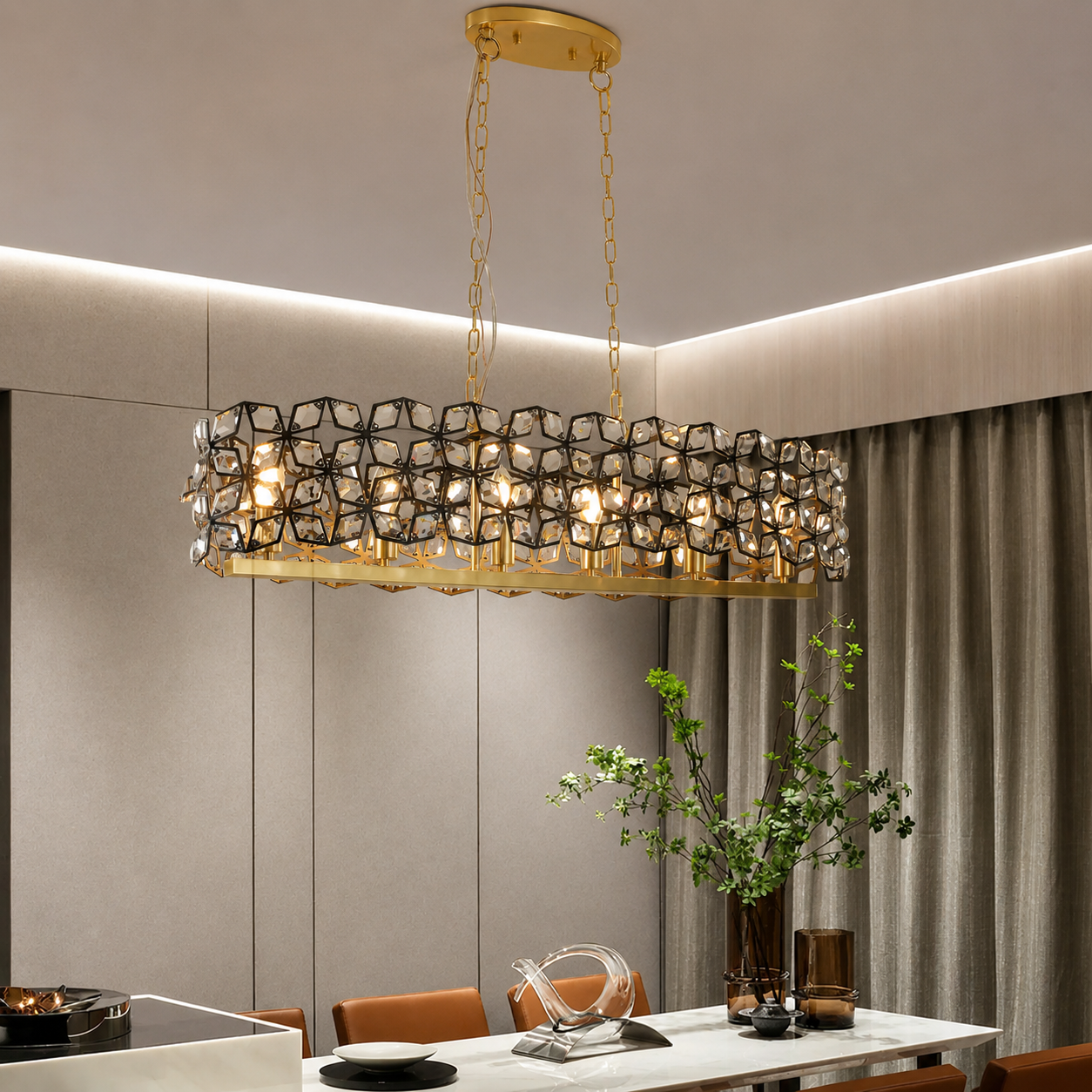Geometric Black & Gold K9 Crystal Linear Chandelier Modern Dining Room Island Light
