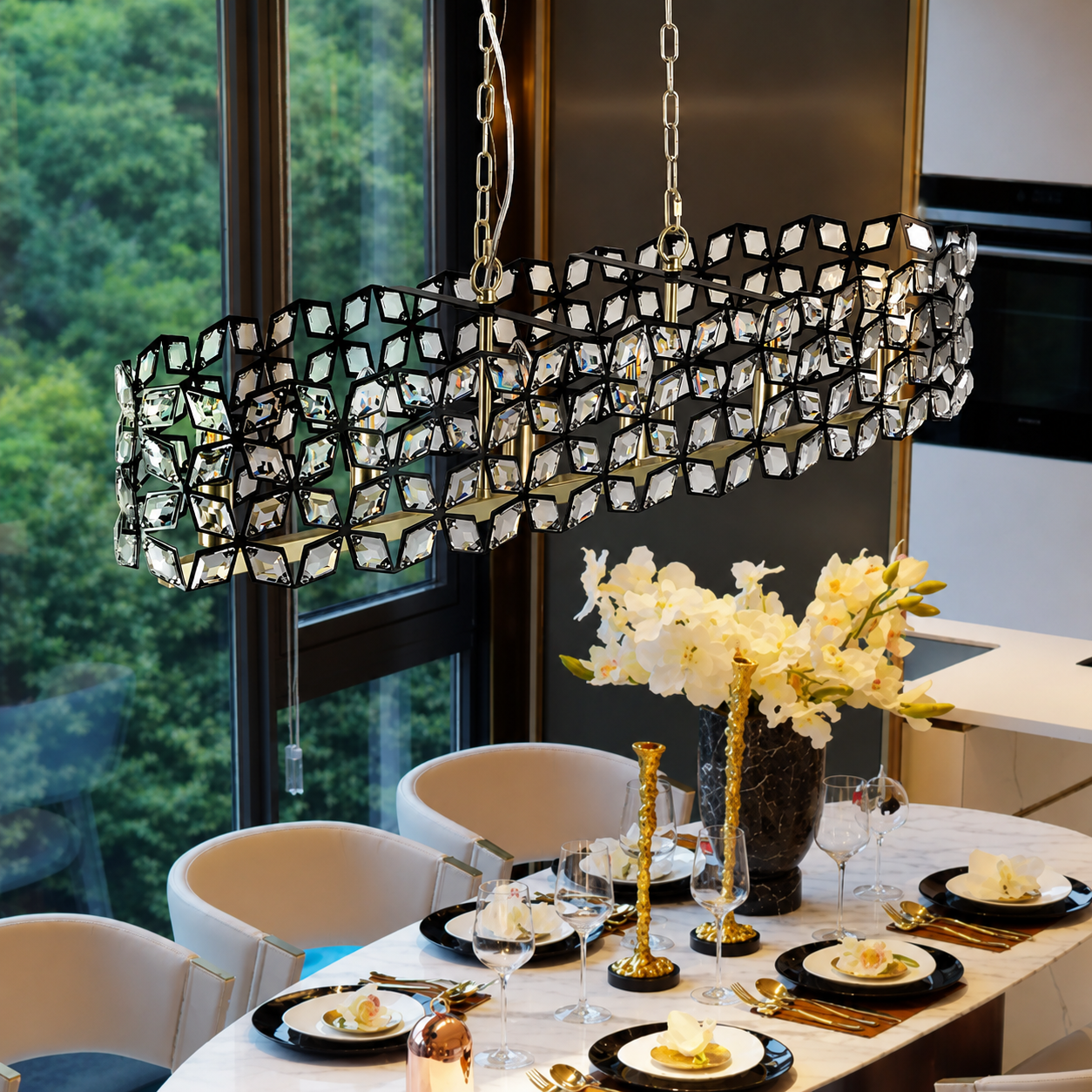 Geometric Black & Gold K9 Crystal Linear Chandelier Modern Dining Room Island Light