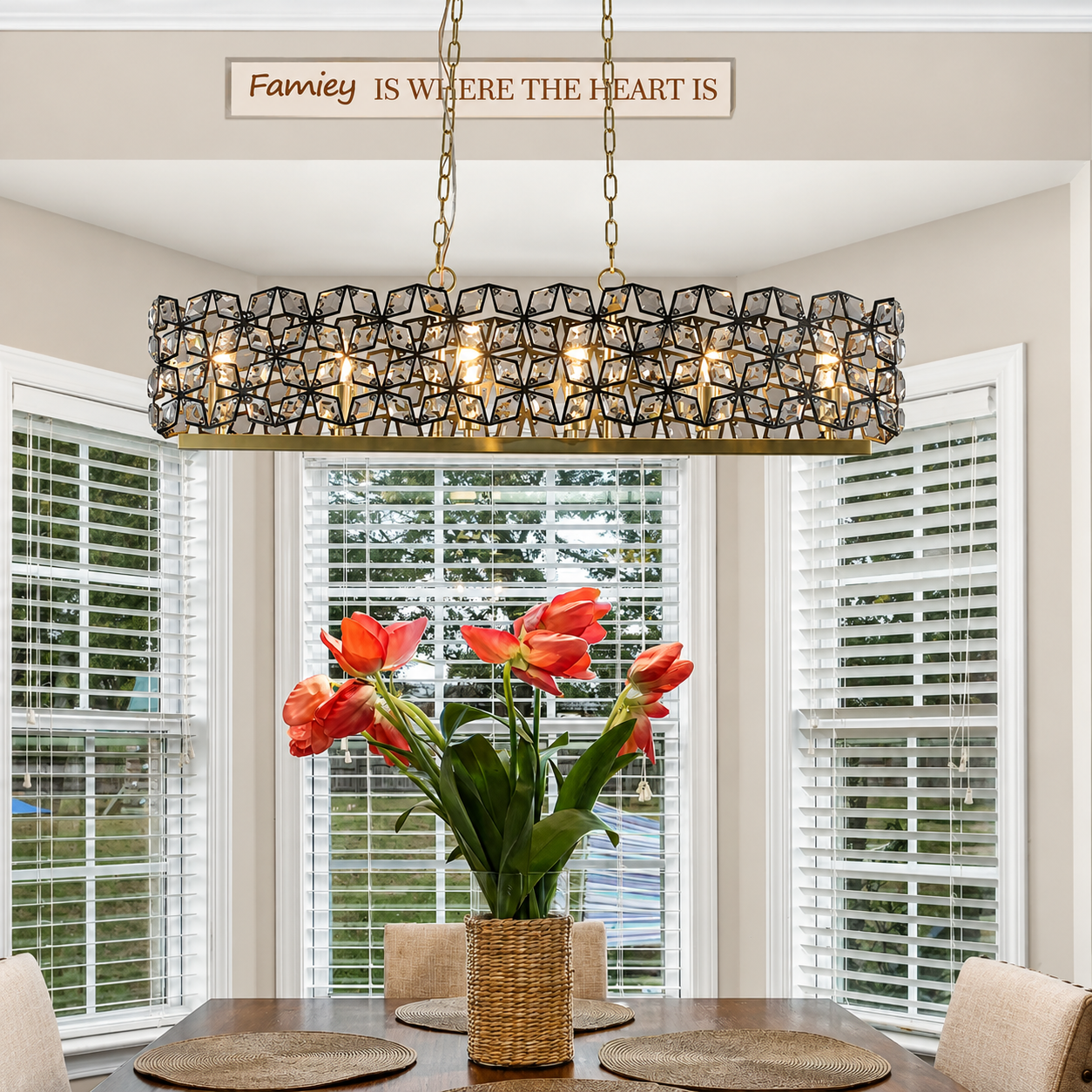 Geometric Black & Gold K9 Crystal Linear Chandelier Modern Dining Room Island Light