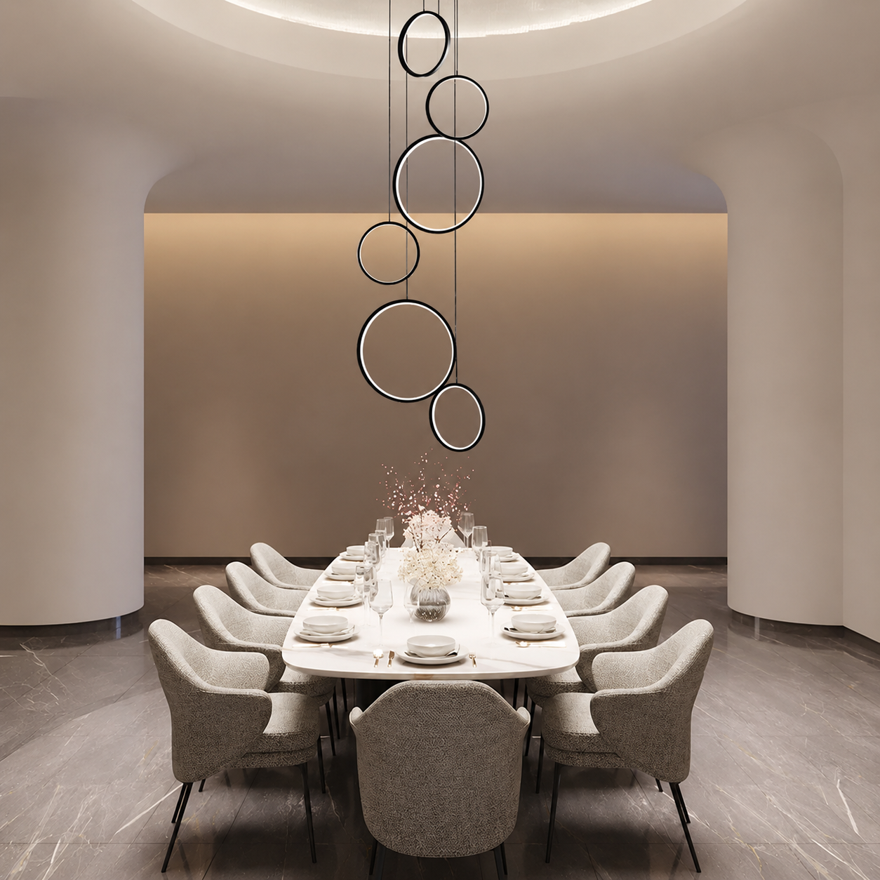Halo Cascade Modern LED Ring Chandelier – Luxury Black Staircase & High Ceiling Pendant Light