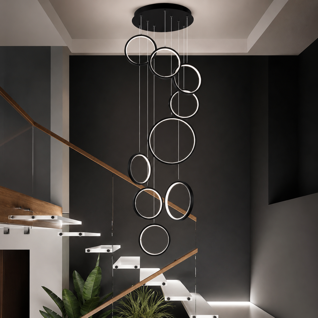 Halo Cascade Modern LED Ring Chandelier – Luxury Black Staircase & High Ceiling Pendant Light