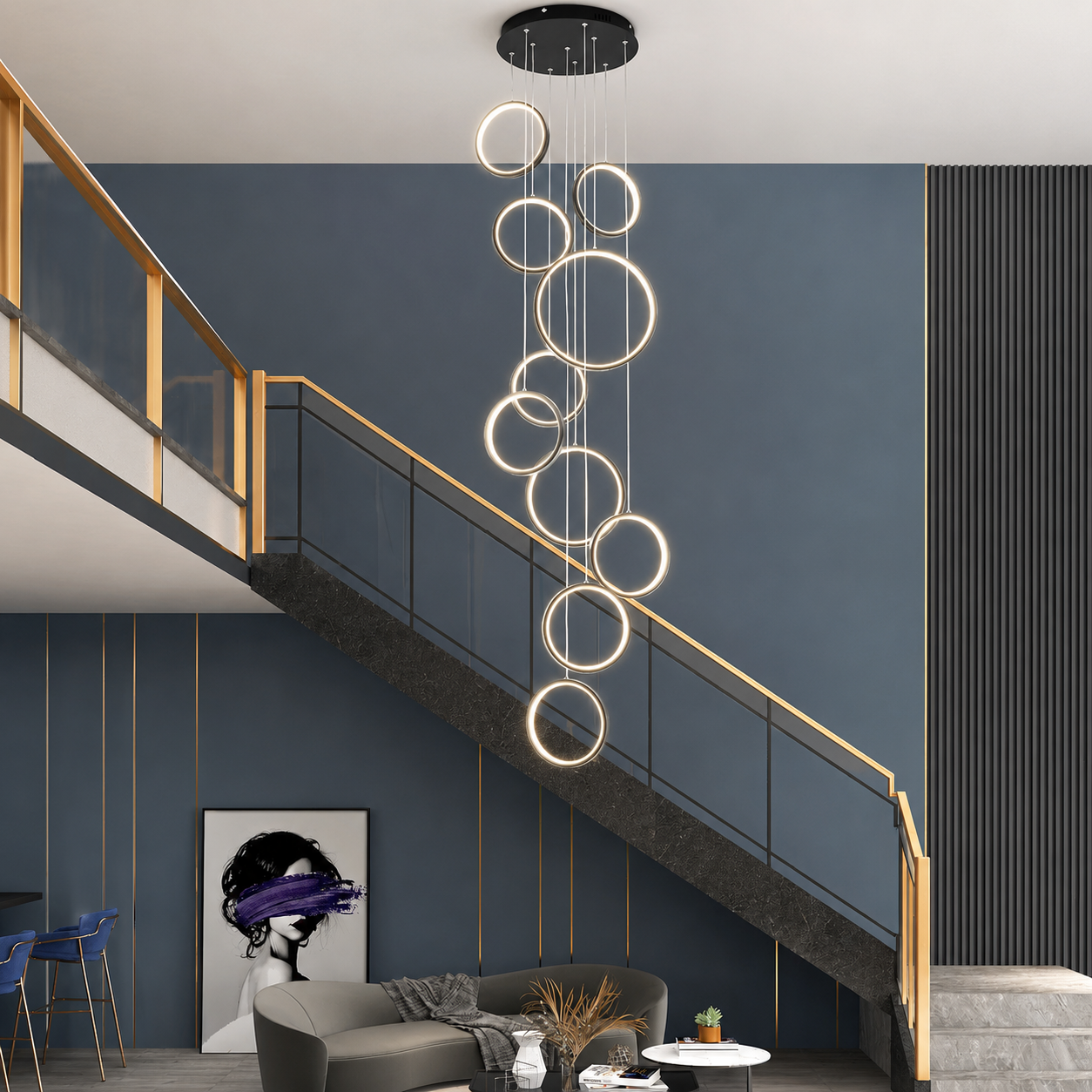 Halo Cascade Modern LED Ring Chandelier – Luxury Black Staircase & High Ceiling Pendant Light