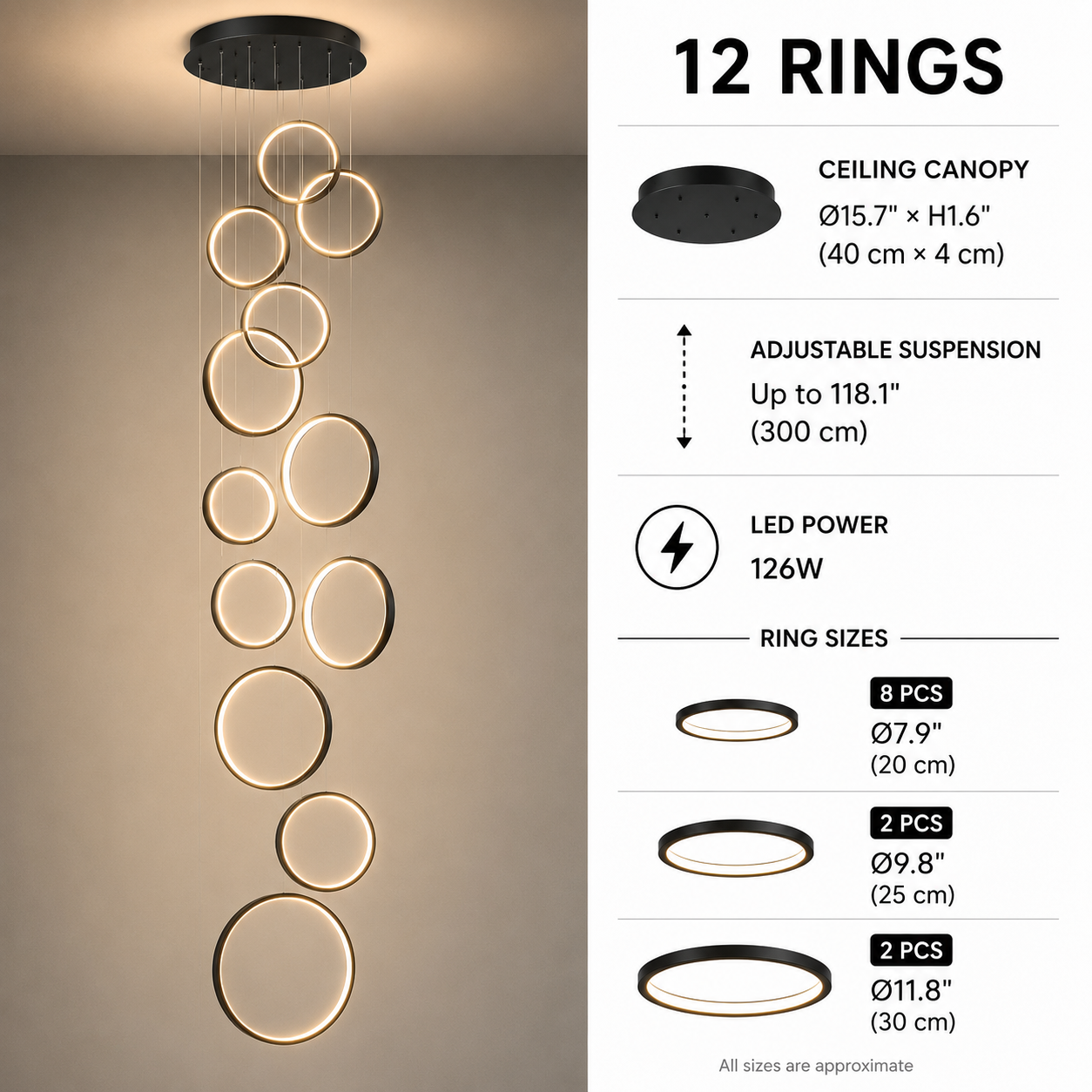 Halo Cascade Modern LED Ring Chandelier – Luxury Black Staircase & High Ceiling Pendant Light