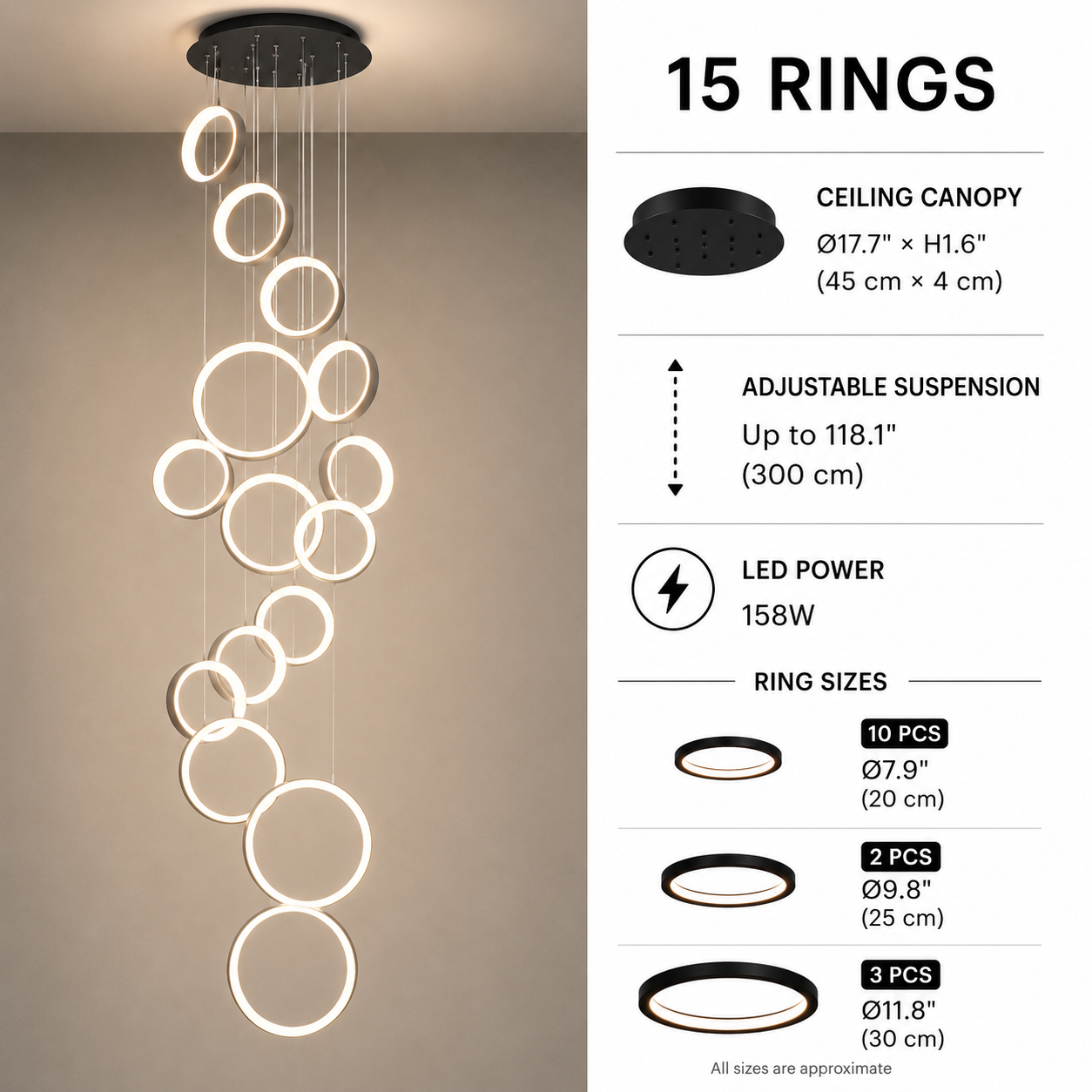Halo Cascade Modern LED Ring Chandelier – Luxury Black Staircase & High Ceiling Pendant Light