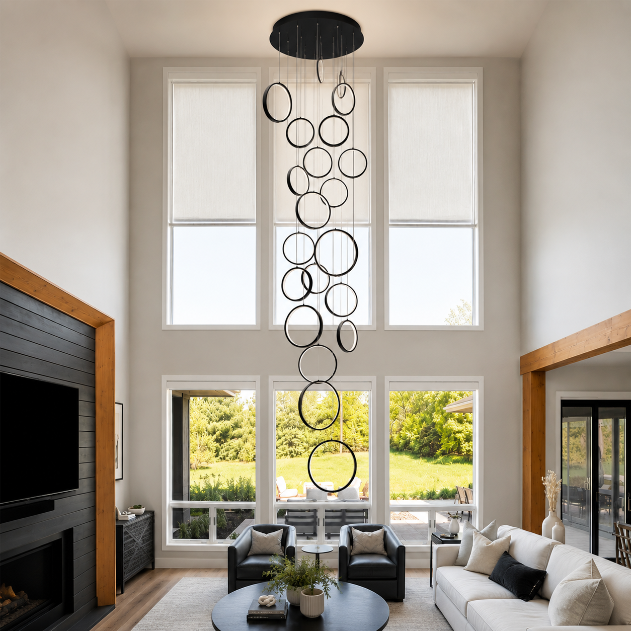 Halo Cascade Modern LED Ring Chandelier – Luxury Black Staircase & High Ceiling Pendant Light