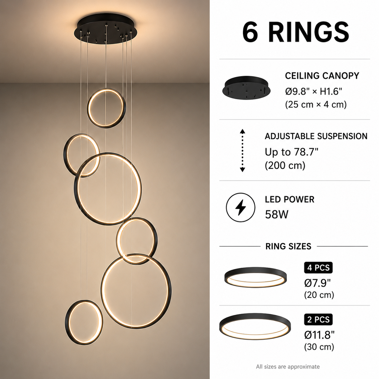 Halo Cascade Modern LED Ring Chandelier – Luxury Black Staircase & High Ceiling Pendant Light
