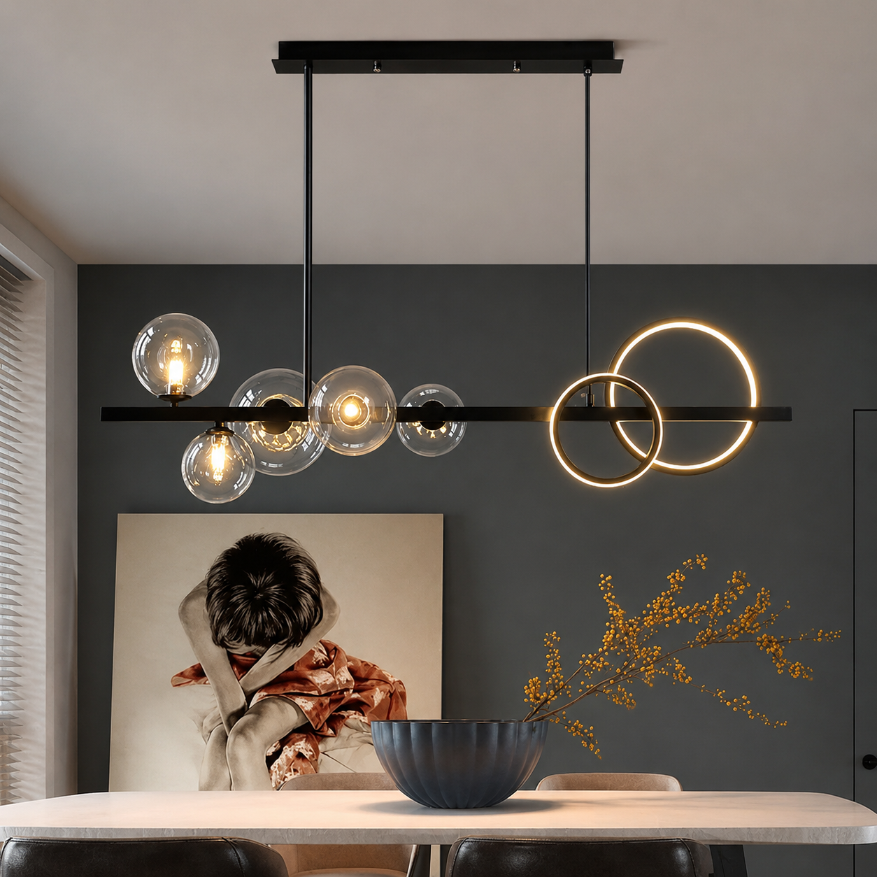 Lunaro Modern Glass Globe & LED Ring Pendant Light
