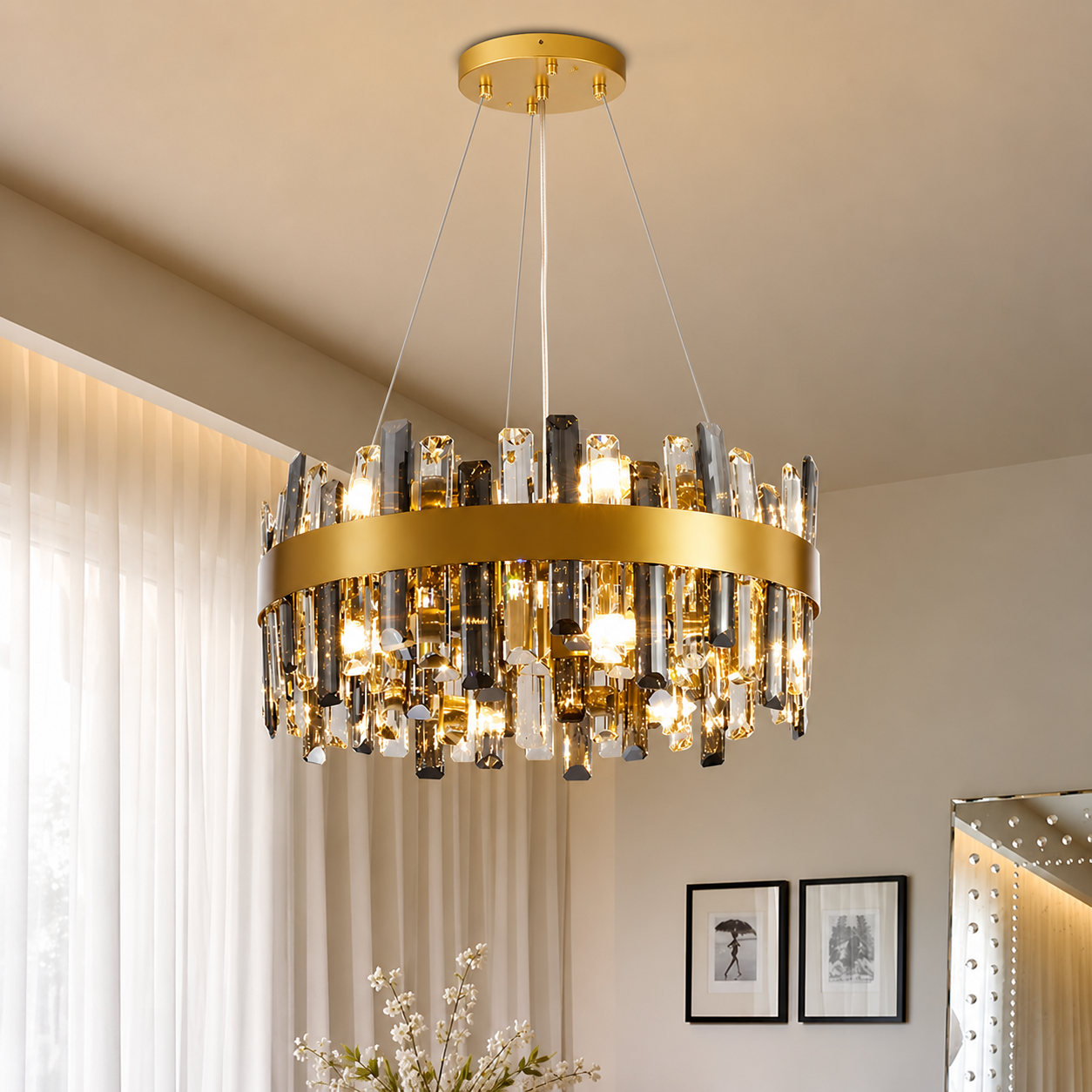 Luxury Gold Crystal Ring Chandelier – Modern Stainless Steel LED Dining Room & Foyer Ceiling Light