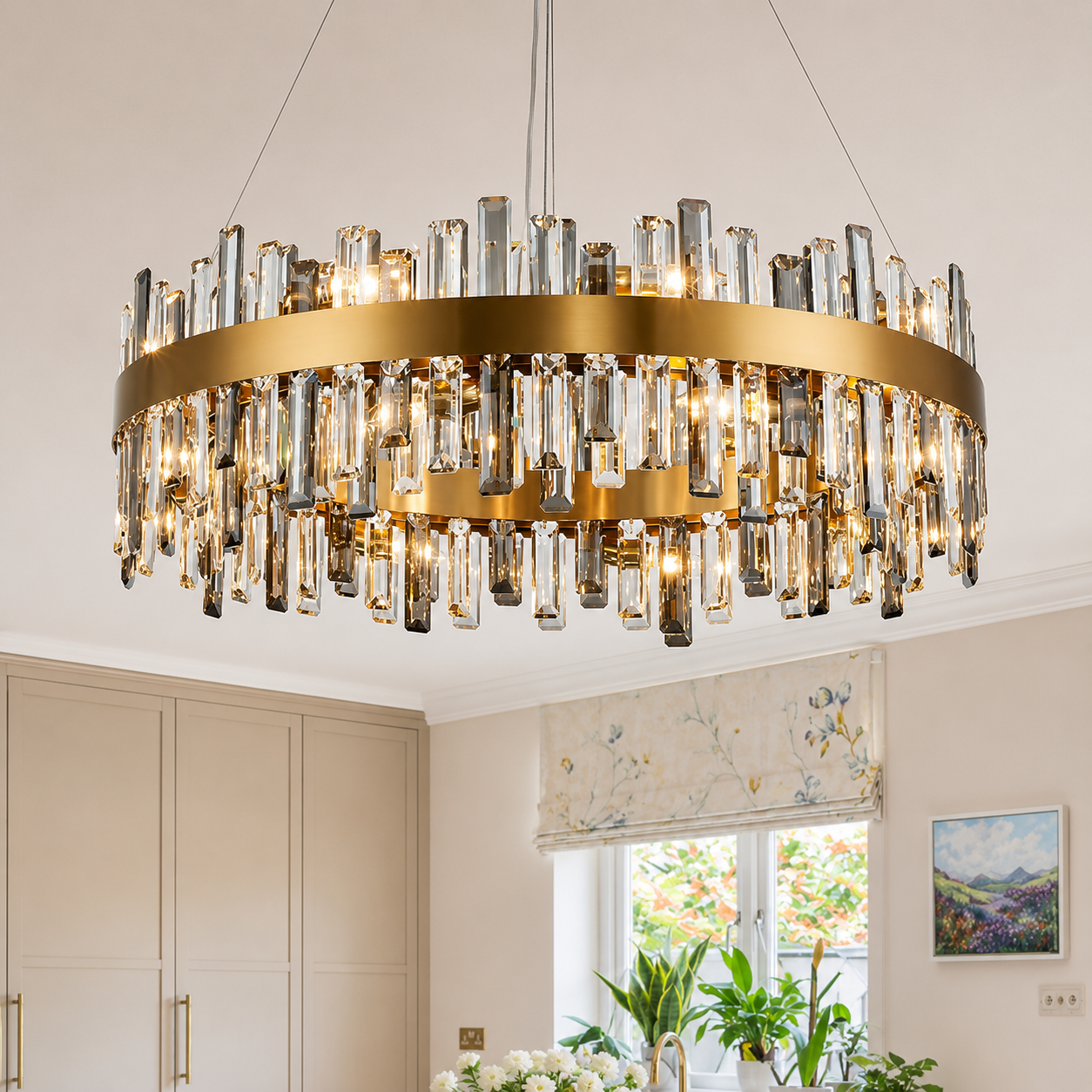 Luxury Gold Crystal Ring Chandelier – Modern Stainless Steel LED Dining Room & Foyer Ceiling Light