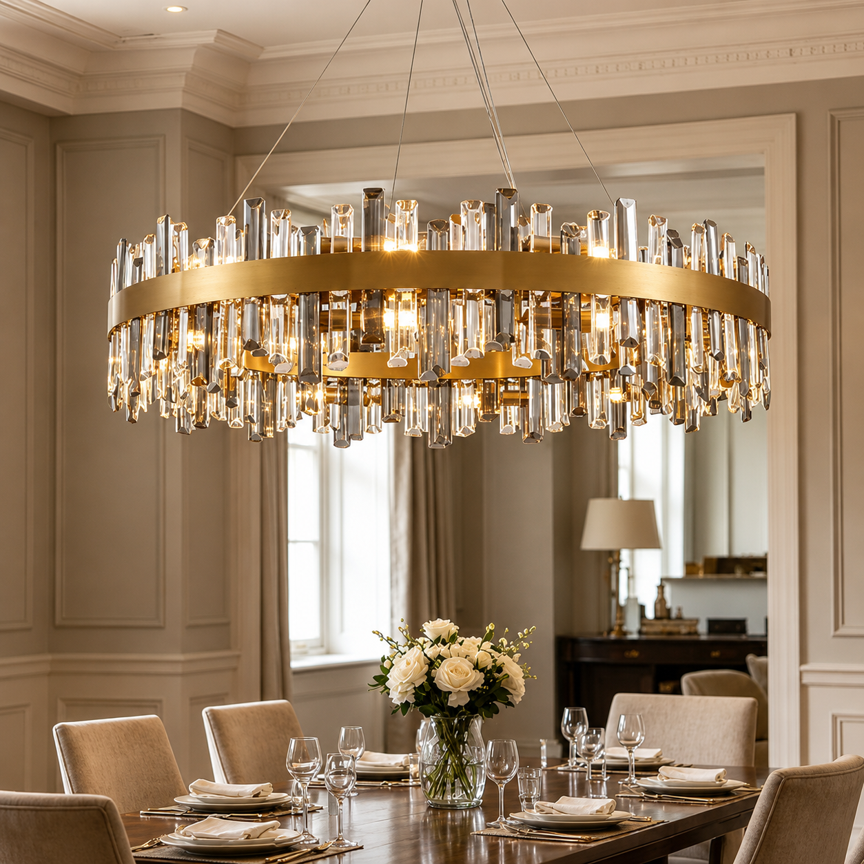Luxury Gold Crystal Ring Chandelier – Modern Stainless Steel LED Dining Room & Foyer Ceiling Light
