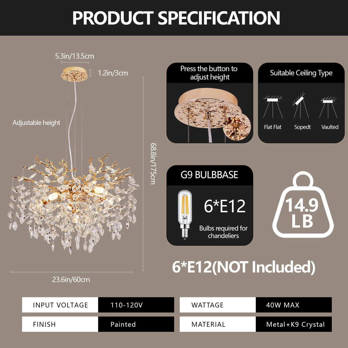 Luxury K9 Crystal Gold Tree Branch Chandelier – 6-Light Dining Room Ceiling Light