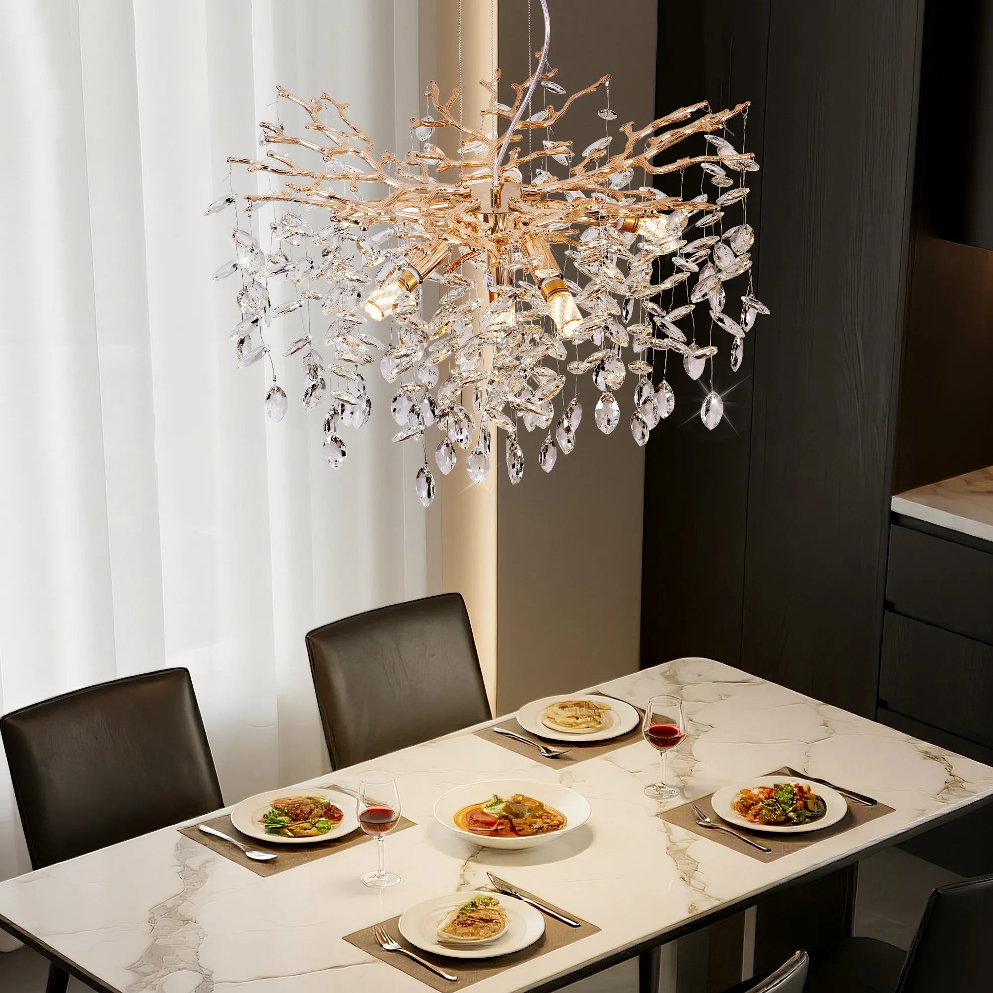 Luxury K9 Crystal Gold Tree Branch Chandelier – 6-Light Dining Room Ceiling Light