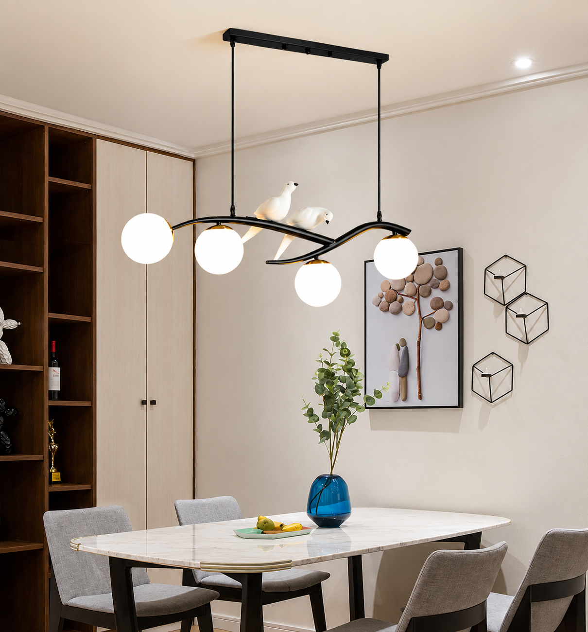 Modern Bird Glass Globe Pendant Chandelier – Contemporary Dining Room Ceiling Light