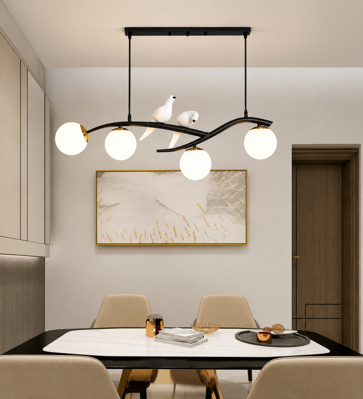Modern Bird Glass Globe Pendant Chandelier – Contemporary Dining Room Ceiling Light