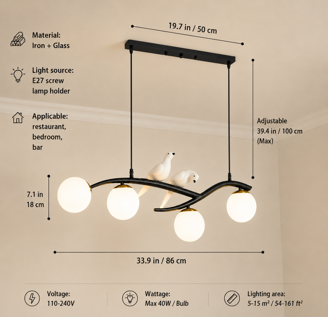 Modern Bird Glass Globe Pendant Chandelier – Contemporary Dining Room Ceiling Light