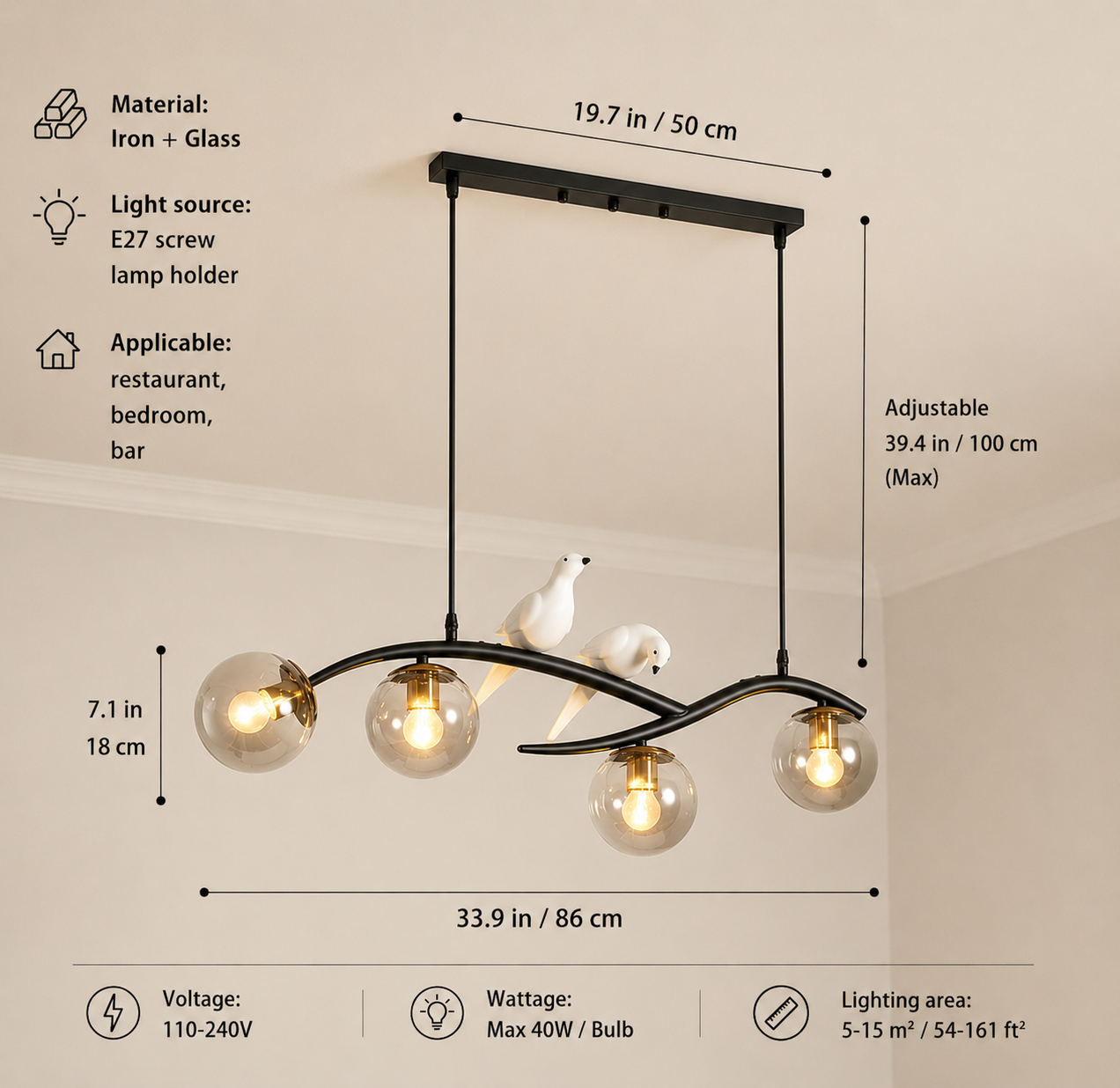 Modern Bird Glass Globe Pendant Chandelier – Contemporary Dining Room Ceiling Light