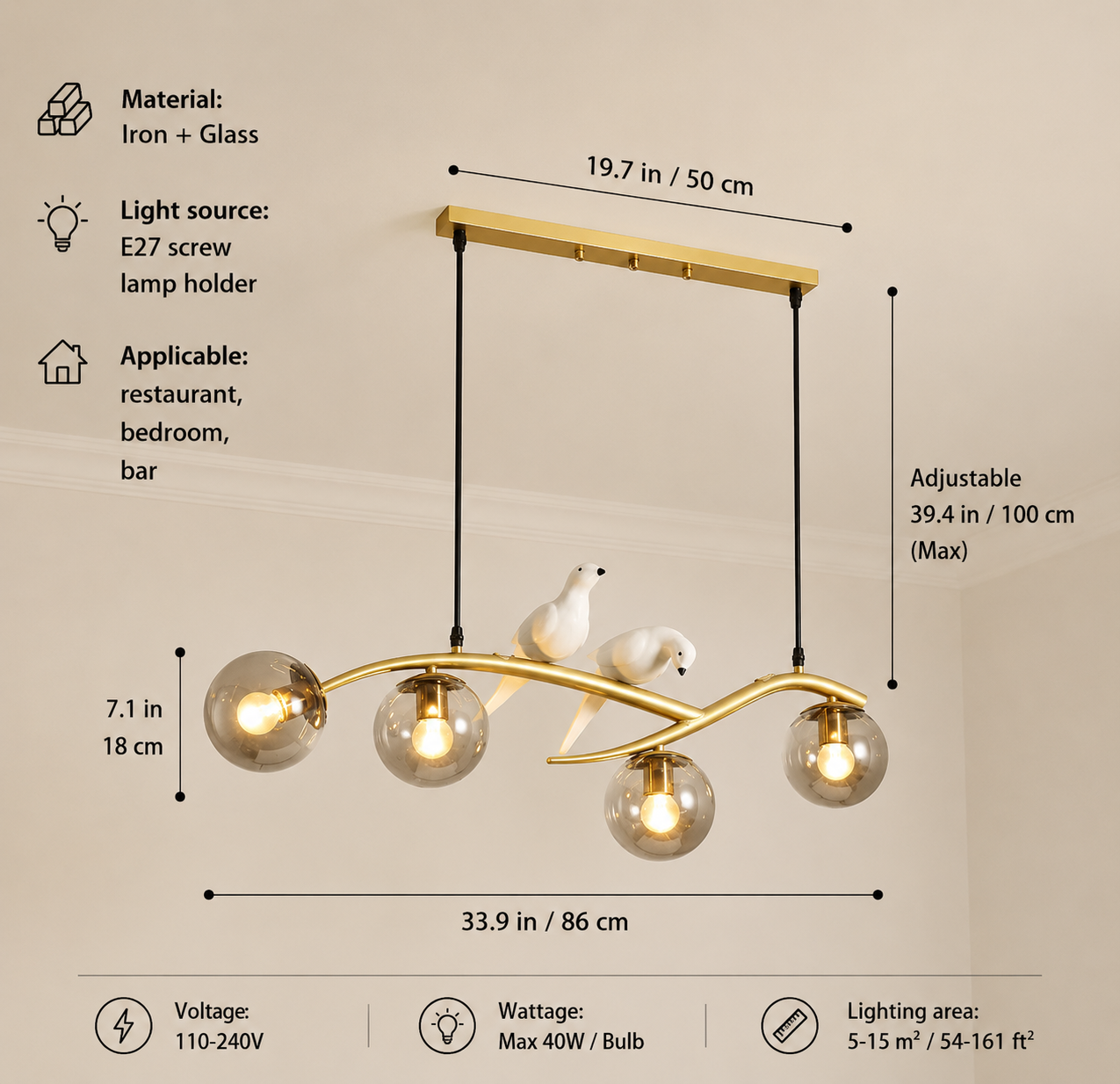 Modern Bird Glass Globe Pendant Chandelier – Contemporary Dining Room Ceiling Light