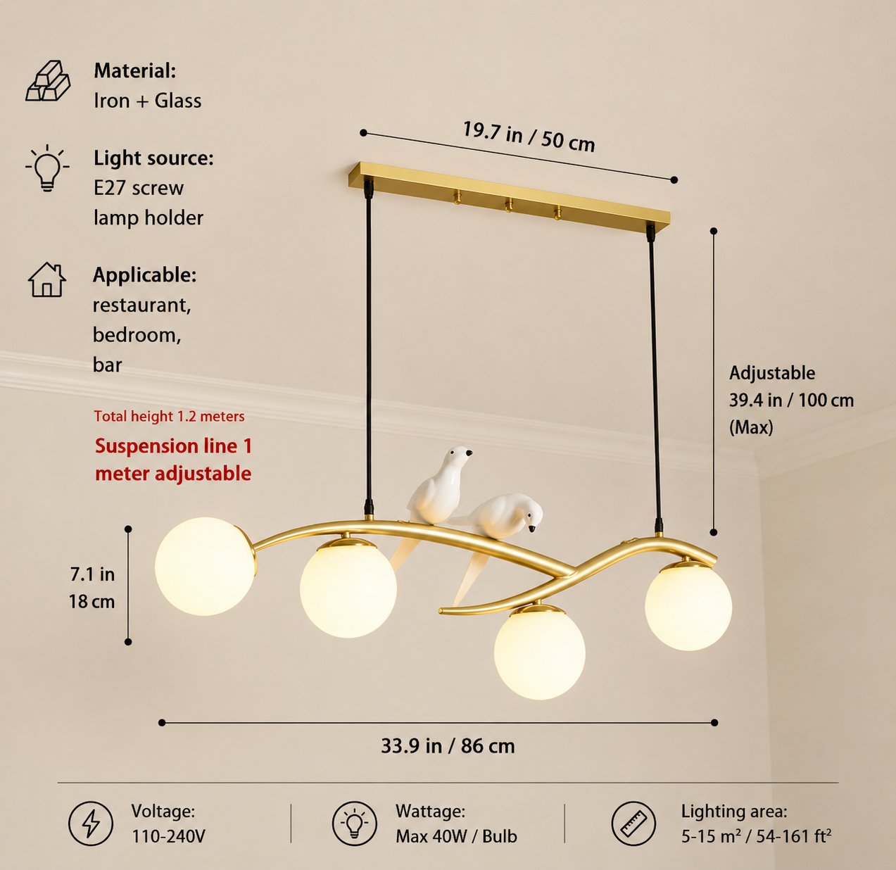 Modern Bird Glass Globe Pendant Chandelier – Contemporary Dining Room Ceiling Light