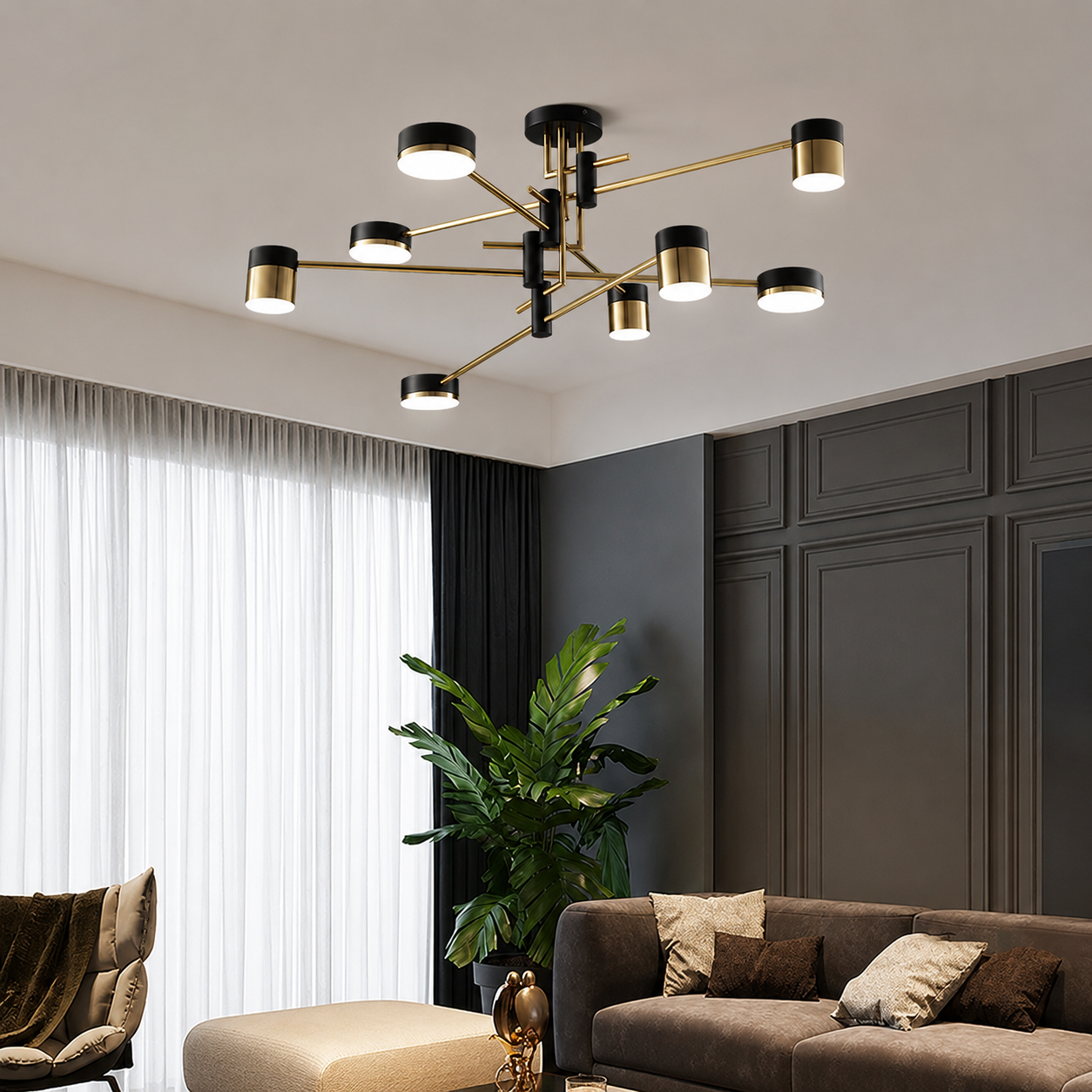 Modern Gold LED Sputnik Chandelier – Luxury Ceiling Light with 3-Color Selectable Lighting
