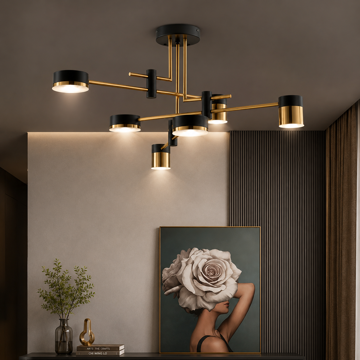 Modern Gold LED Sputnik Chandelier – Luxury Ceiling Light with 3-Color Selectable Lighting