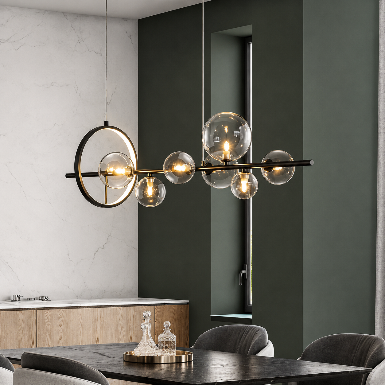 Modern Long Linear Glass Globe Pendant Chandelier – Luxury Dining Table & Kitchen Island Light