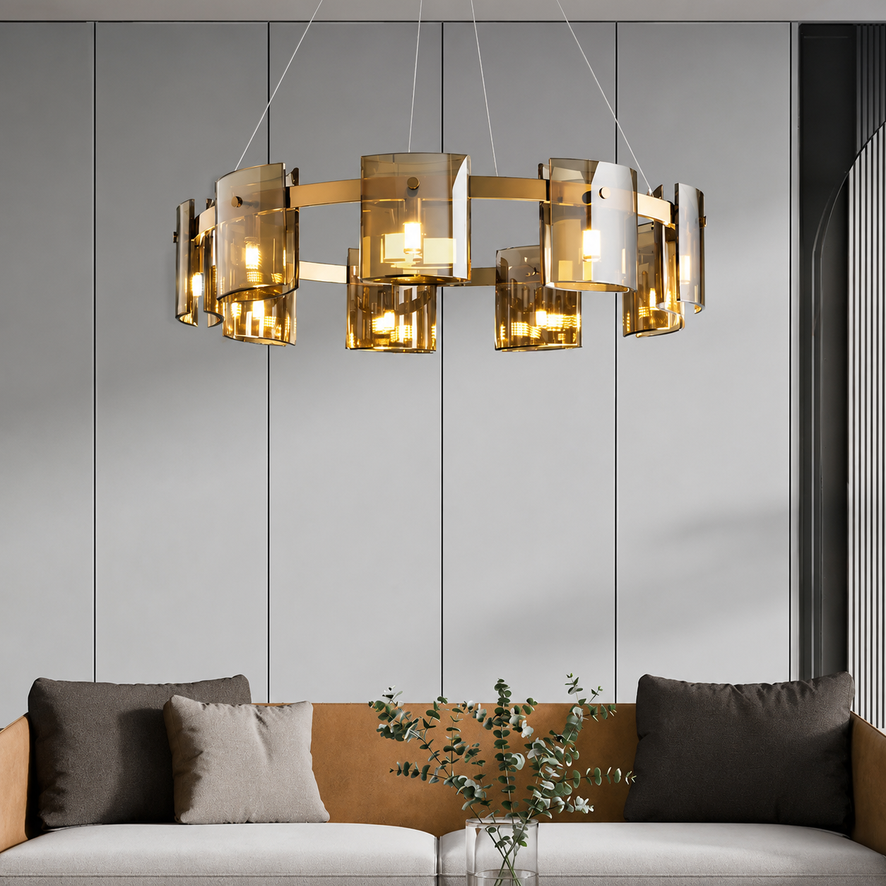 Modern Smoked & Amber Glass Ring Chandelier – Luxury LED Dining Room Ceiling Light