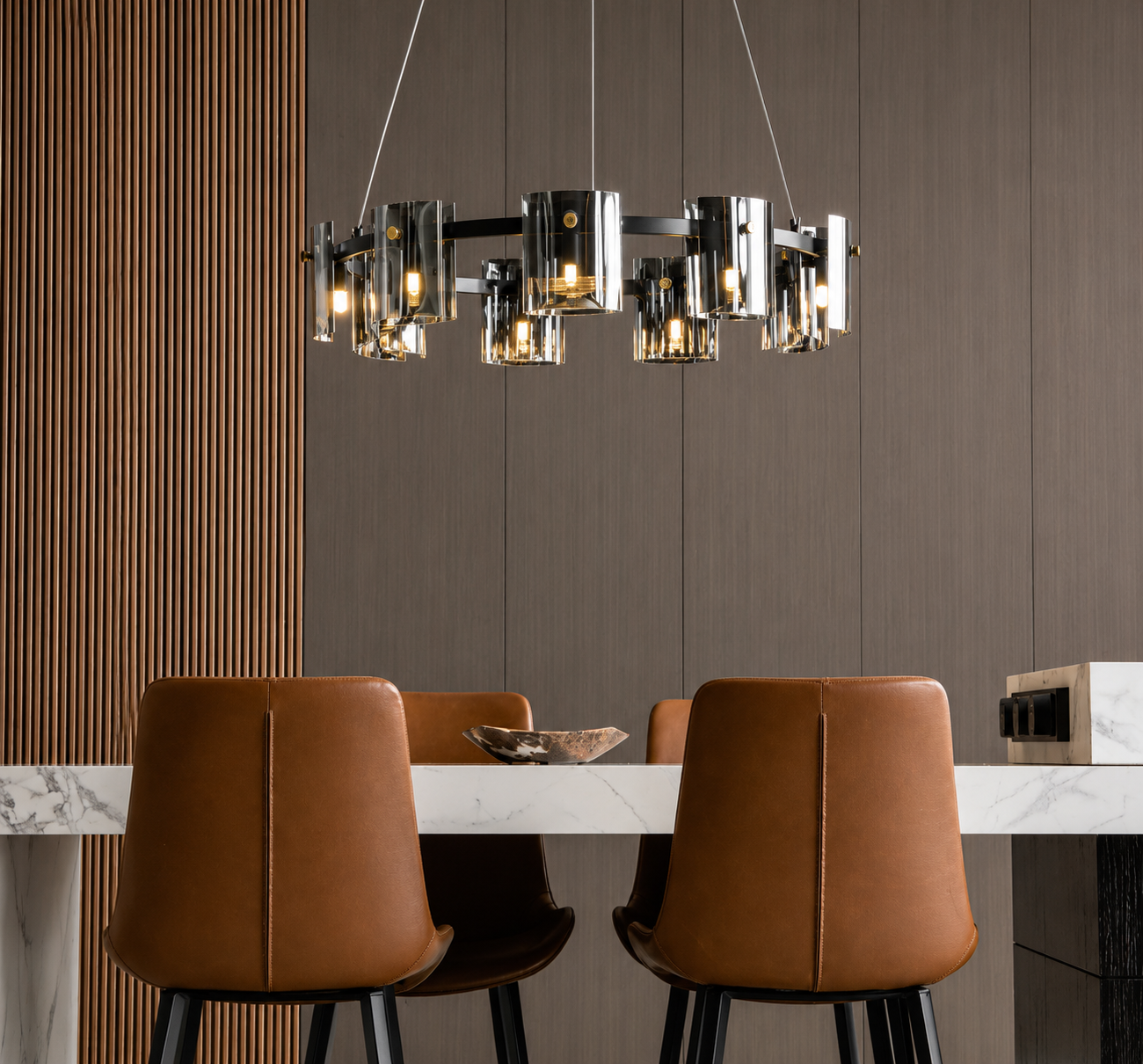 Modern Smoked & Amber Glass Ring Chandelier – Luxury LED Dining Room Ceiling Light
