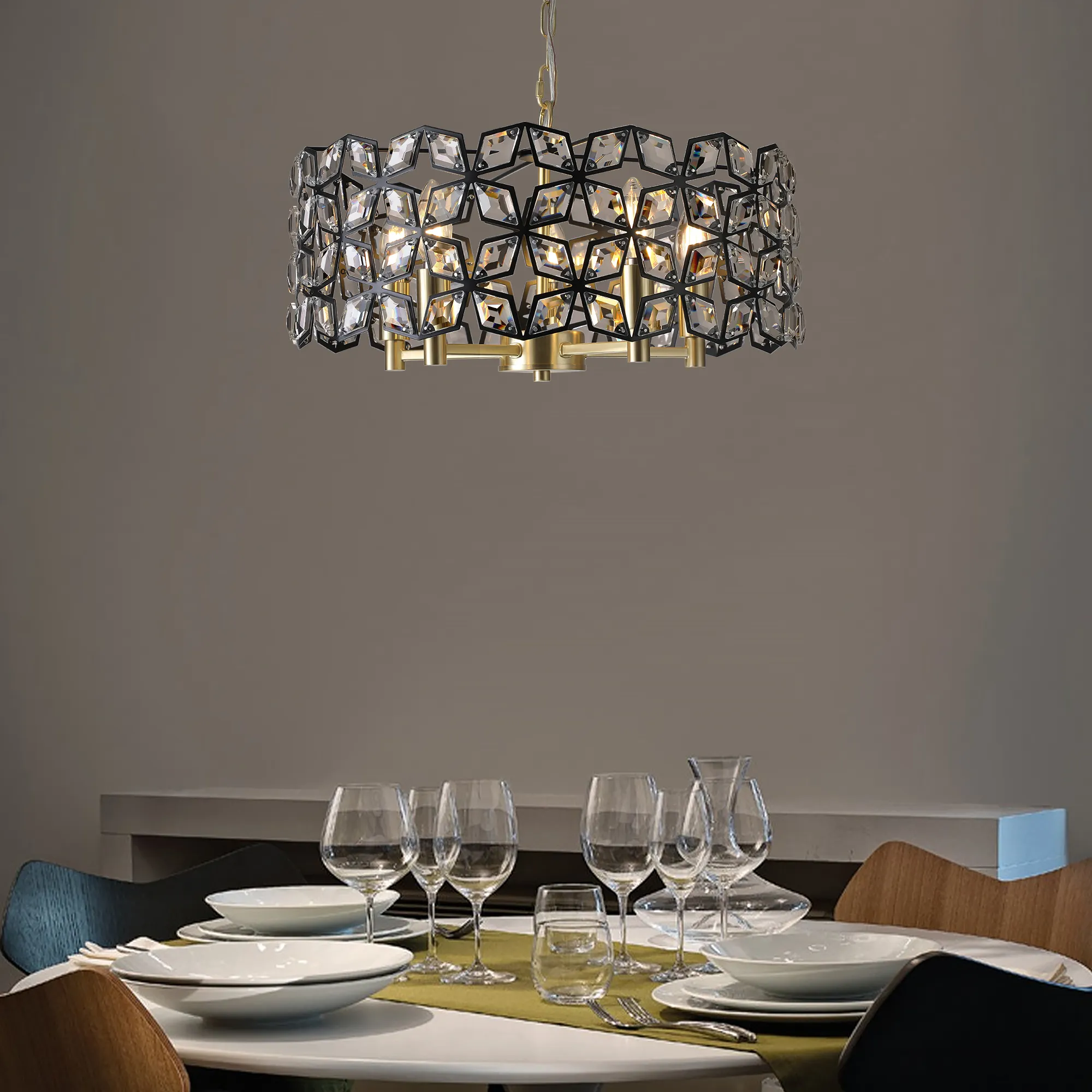 Modern Geometric Black & Gold K9 Crystal Chandelier – Dining Room Light